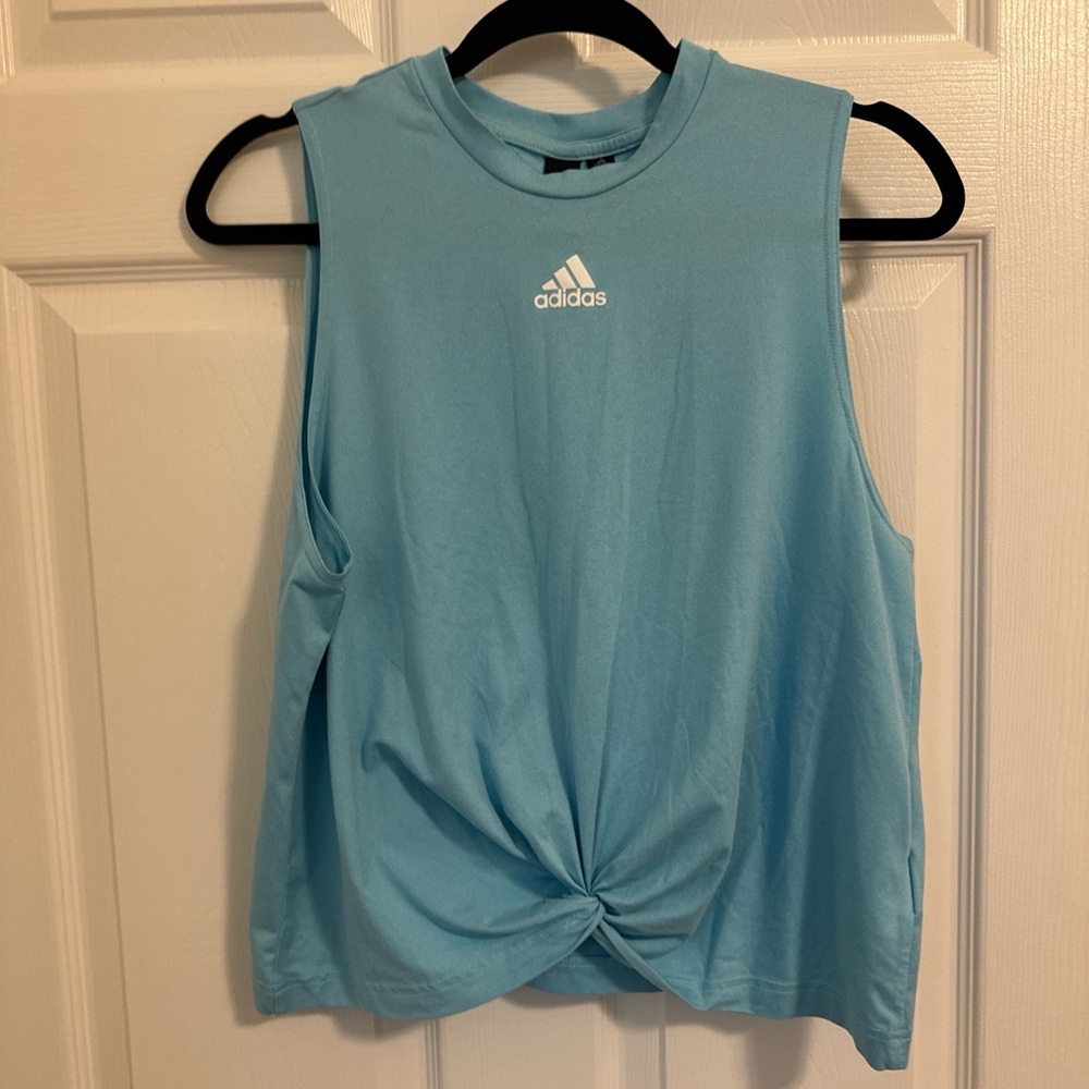 Blue Adidas Logo Knot-Front Workout Top
